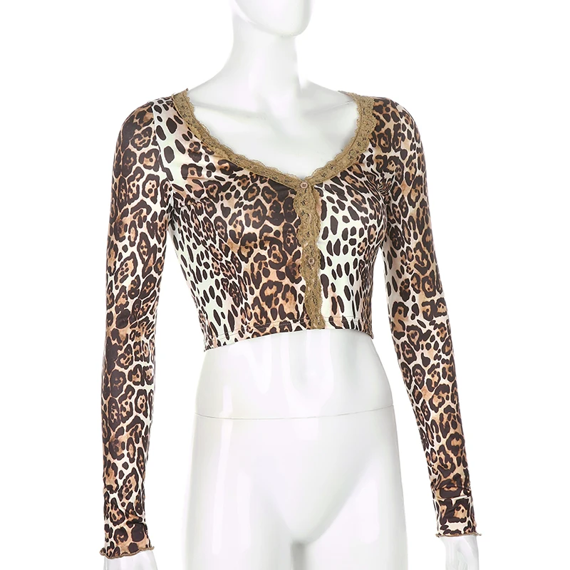 IAMSURE Autumn Streetwear Fashion Leopard Print Lace Edge Women Cardigan Blouses Sexy Deep VNeck Fitness Aesthetic Cropped Shirt