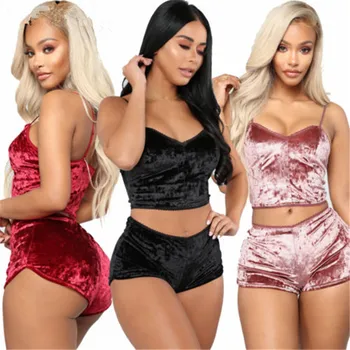 

2pcs/set Women Sexy-Lingerie Babydoll Velvet Nightwear Sleepwear Underwear Pajama Sets