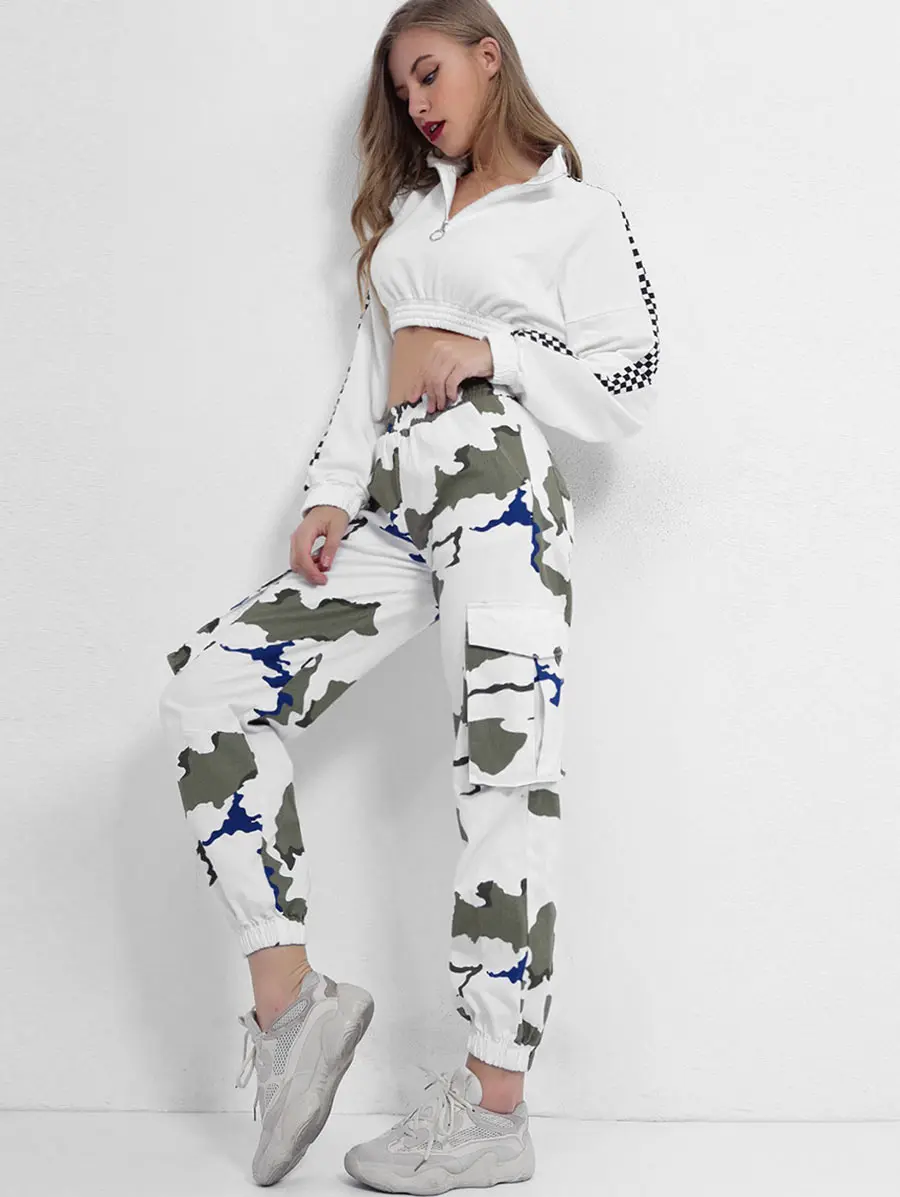 ZAFUL Mid-Waist Printed Jogging Pants Pockets Bouquet Pants Graphic Elastic Waist Casual Women Pants Autumn Multi Standard Size