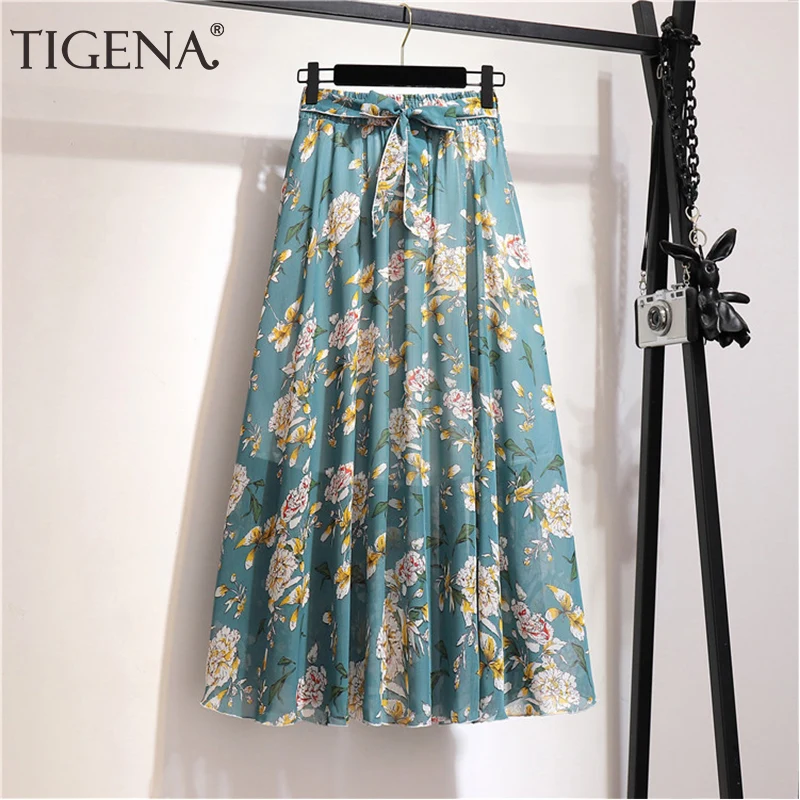 Long-Skirt A-Line Chiffon Floral-Print Women Summer Belt High-Waist TIGENA Female