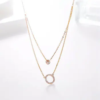 

BUDROVKY Exquisite Double Layers Chain Necklace for Women Rose Gold Color Cubic Zircon Paved Round Pendant Jewelry Drop shipping