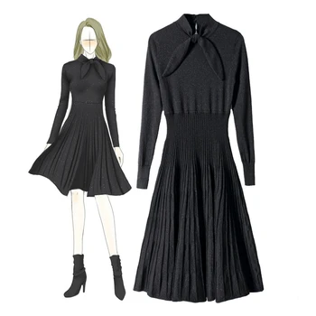 

2020 Spring Winter New Solid Shein Dress Women Long Sleeve Light Silk Dress Ladies with Bow Corset Black Dinner Dress for Women
