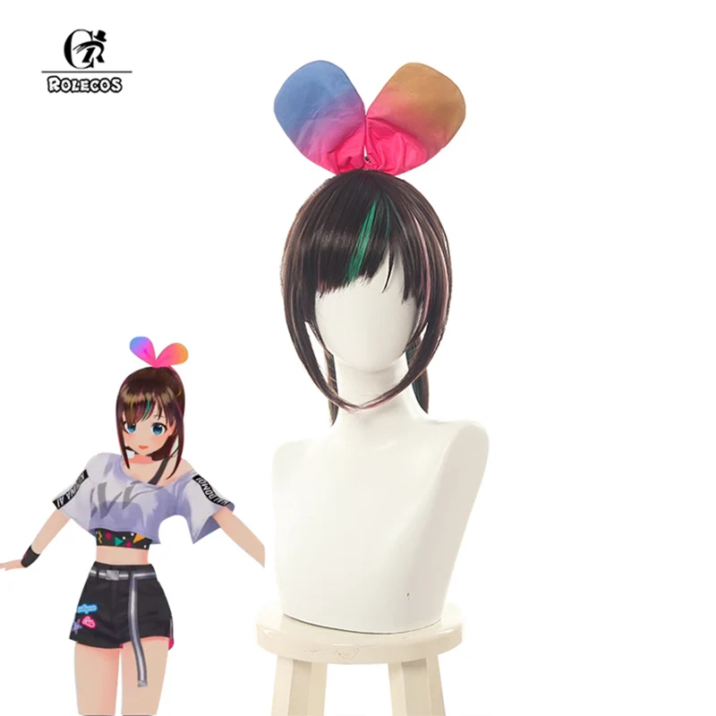 ROLEOCE Kizuna AI Cosplay Hair Vtuber Hello World Wigs Ai-chan Youtuber 60cm Brown Pink Long Ponytail Straight |