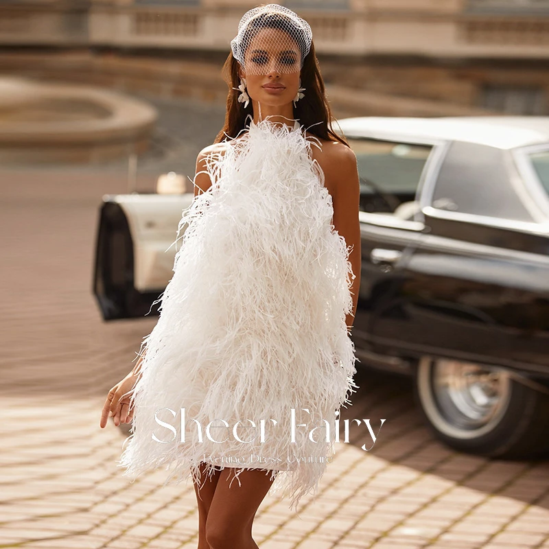 mini prom & dance dresses Luxury White Ostrich Feather Short Prom Dresses 2022 Sexy Halter Backless Mini Birthday Cocktail Party Dress Homecoming Gowns plus size prom dresses