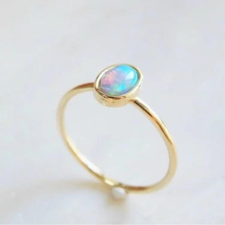 Fashion Simple Gold Plated Inlay Blue Opal Ring for Women Cocktail Party Dainty Ring Wedding Band Ring Fine Jewelry Xmas Gifts