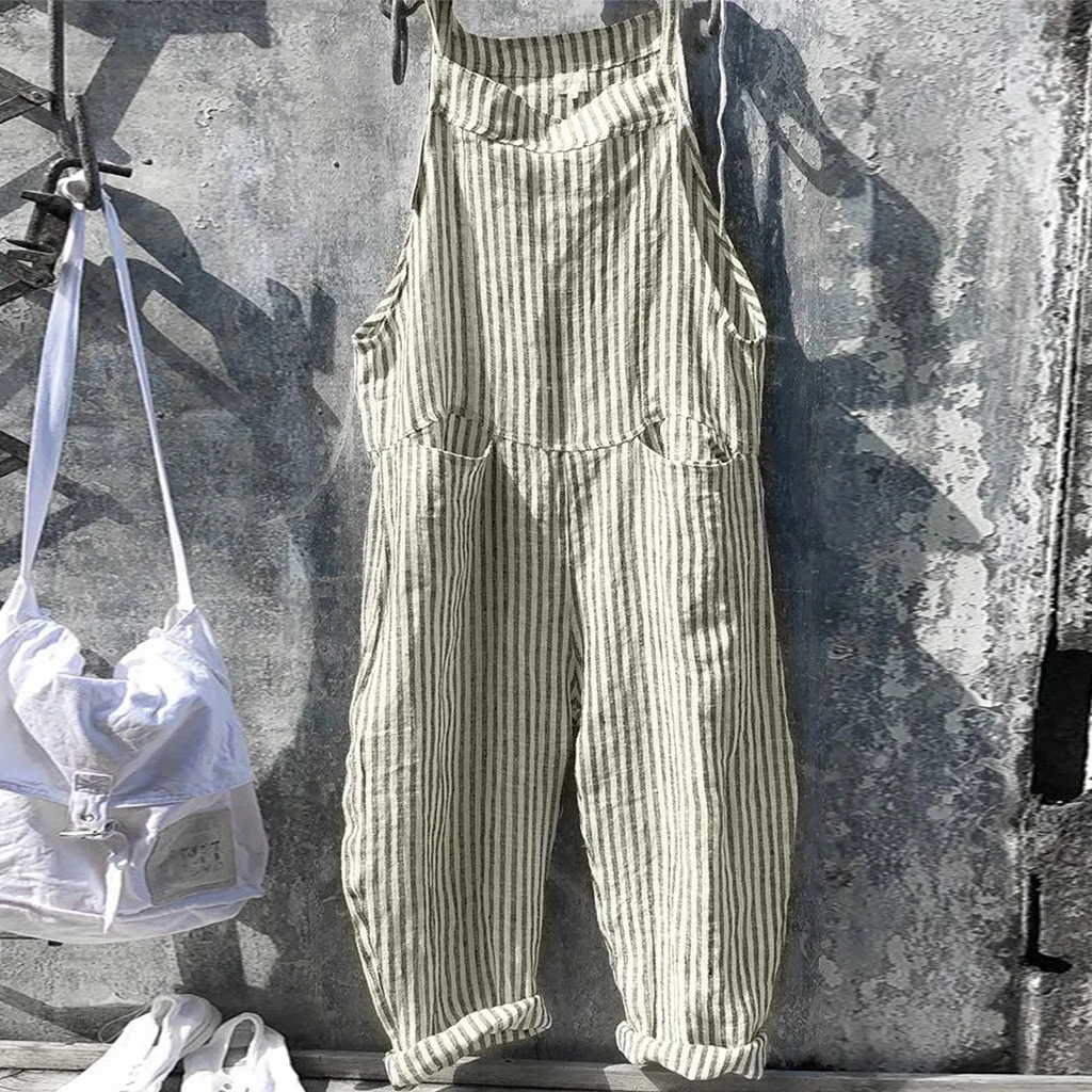 

Nice Pocket Sleeveless Bandage Jumpsuit Women Pockets Linen Loose Bodysuit Women Playsuit Stripe Romper Casual Overalls