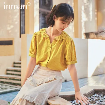 

INMAN 2020 Summer New Arrival Pure Cotton Lace V-neck Embroidered Single-breasted Literary Short Sleeve Blouse