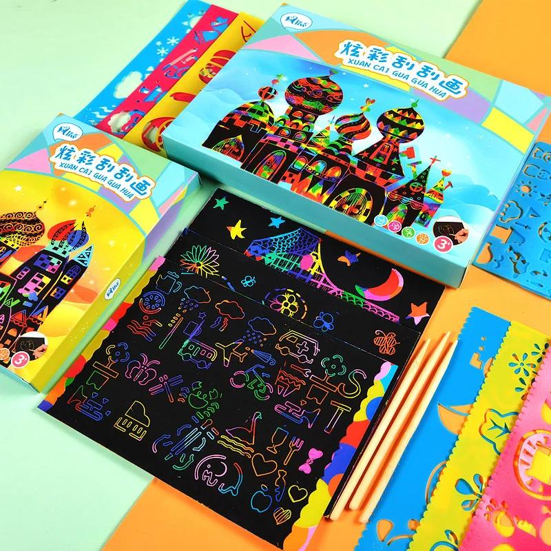 

50PCS Scratch Art Paper 20*14cm Magic Painting Paper with Stick Scraping Drawing Toy Colorful Graffiti Stencil Toy Gift for kids