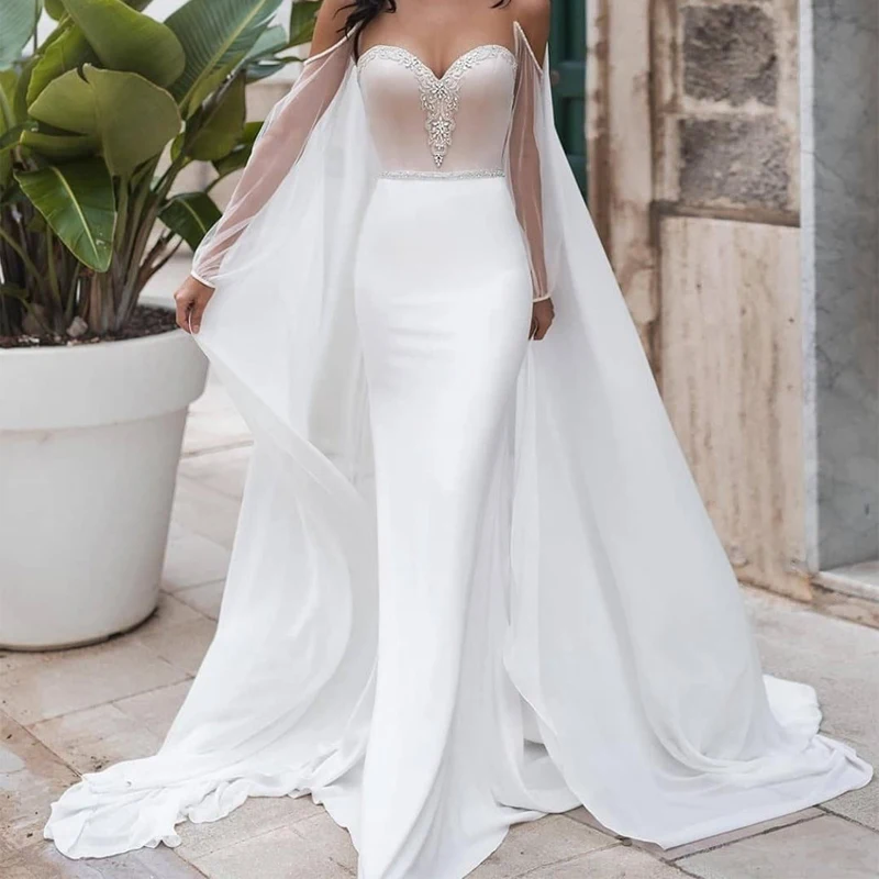Vestido De Noiva Sereia с накидкой лучшие винтажные атласно-шифоновые Украшенные бусинами Потрясающие с длинными рукавами Русалка корт подвенечные свадебные платья
