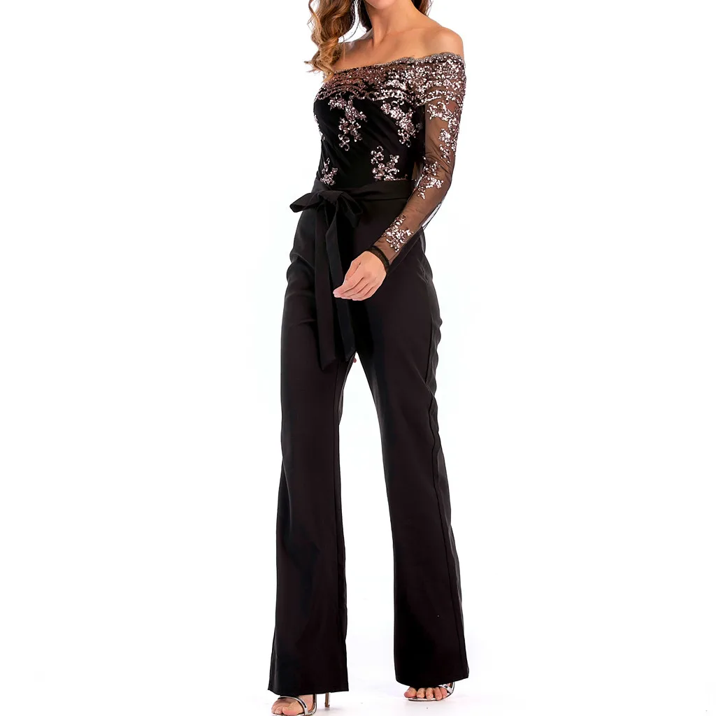 Women Sexy Jumpsuit Fashion Wide Leg Sequin Mesh Splice Overalls Fashion Cold Shoulder Long Sleeve Jumpsuit Mono Mujer#NG