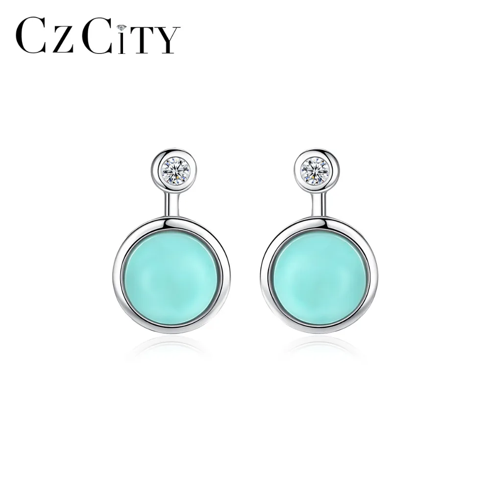 CZCITY реальные 925 серебро круглый бирюзовые серьги гвоздики для женщин хорошее ювелирное изделие настоящее