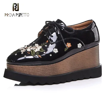 

Prova Perfetto Embroidery Flowers Platform Shoe New Fashion Autumn Square Toe Lace Up Autumn Shoe Comfot Women Casual Shoes