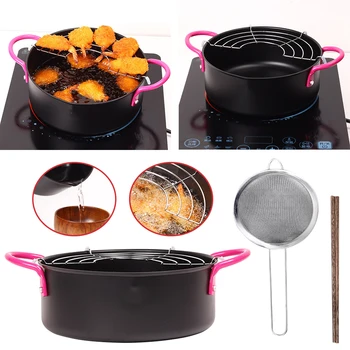 

20cm Easy Pour Portable Universal Mini Metal Japanese Tempura Deep Fry Pan With Oil Drip Drainer Rack Non Stick Home Cookware