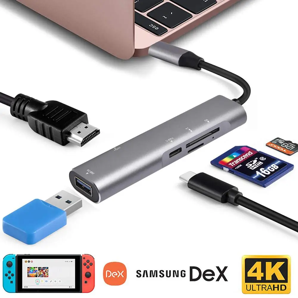 5 в 1 USB C концентратор адаптер USB-C-HDMI конвертер портативный легкий алюминиевый USB C концентратор для ноутбуков и смартфонов Usb кабель
