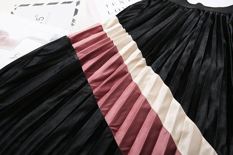 Теплая Бархатная миди юбка Женская Осень Зима Лоскутная Корейская Женская высокая талия Женская юбка в складки длинная юбка женская