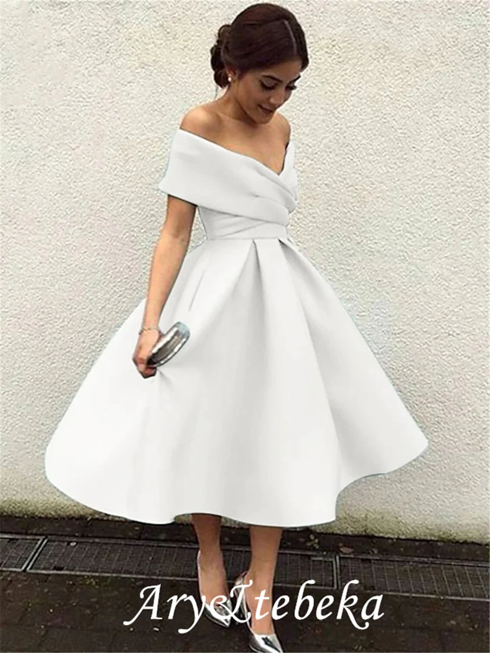 A-Line Elegant Vintage Cocktail Party Formal Evening Dress V Neck Short Sleeve Tea Length Satin with Pleats 2021