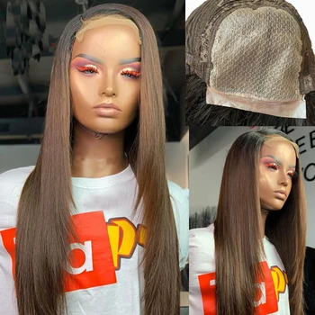 

Long Straight 5*5 PU Silk Base Wig Ombre Brown Lace Wig For Women Lace Front Human Hair Wig With Baby Hair Black Root