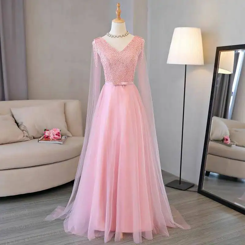 O130 Pearls Red Pink Navy Blue Evening Dresses Women Sexy V-Neck Full Lace Up Prom Wedding Party Dress Girls Luxury Formal Gown long sleeve evening gowns Evening Dresses