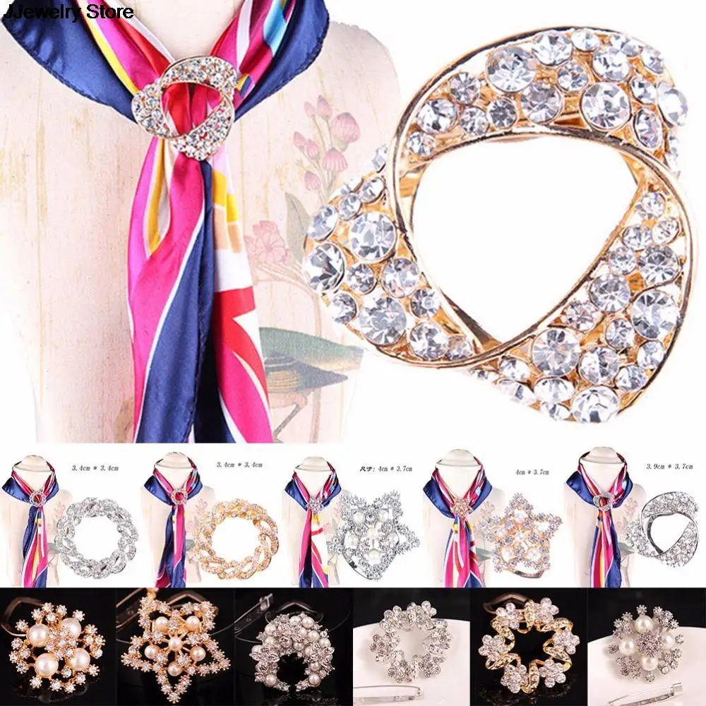 Women Crystal Pearl Silk Scarf Ring Clip Buckle Holder Brooch Pin