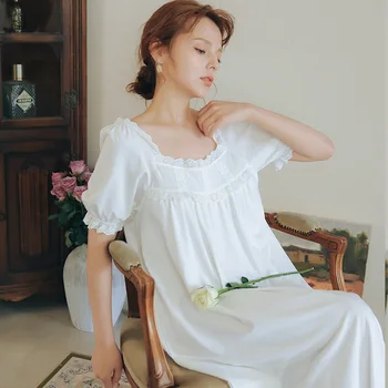 

Summer Women Sleepwear Dress Short Sleeve White Lace Sexy Nightgowns Female Long Vintage Casual Ladies Comfort Homewear Dress