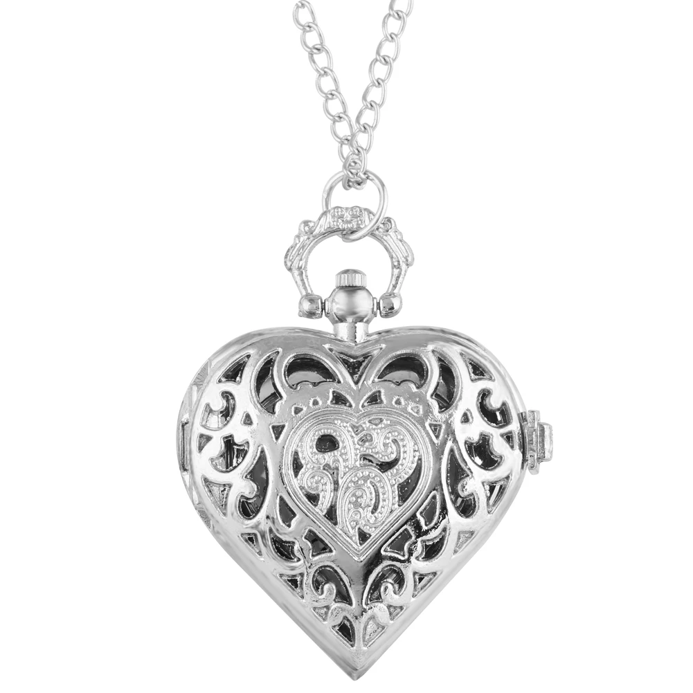 silver Романтические кварцевые карманные часы в форме сердца, бронзовые/Серебристые/черные женские часы с подвеской на цепочке, сувенирные подарки для девочек и женщин - Цвет: silver