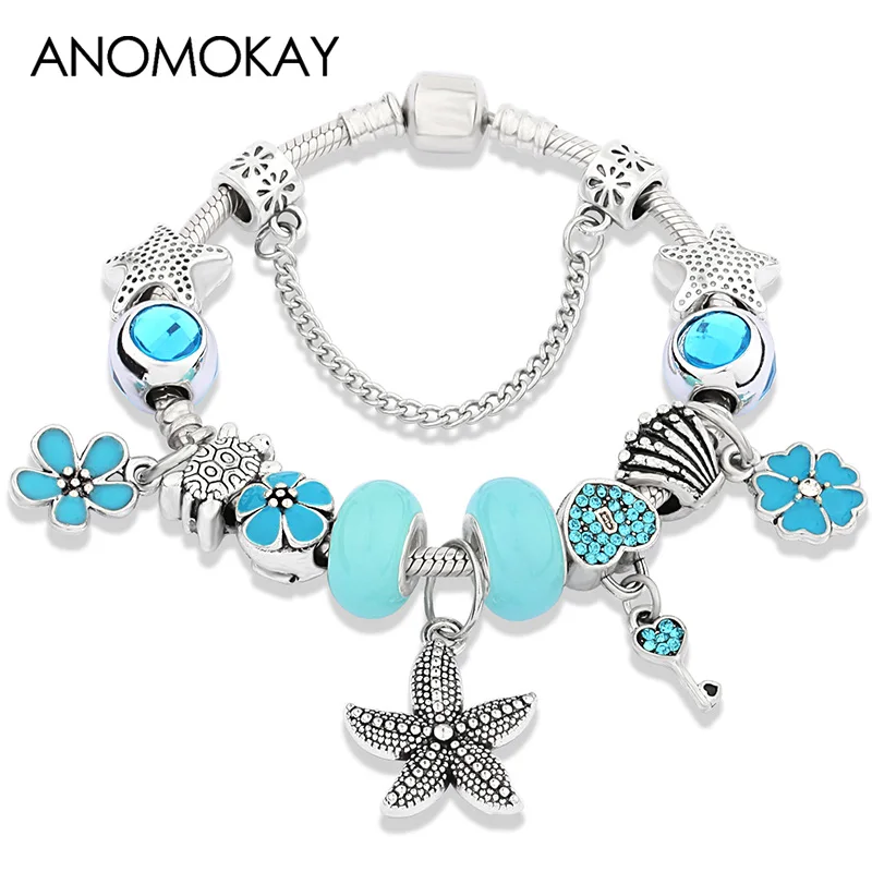 Starfish Bracelet Leabyl серии океана браслет с голубыми Кристаллами Браслет для женщин девушка синий эмаль цветок Сердце Черепаха Морская звезда Сделай Сам браслет из бусин - Окраска металла: Starfish Bracelet