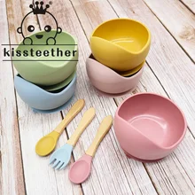Kissteether – bol d'alimentation pour bébé en Silicone, vaisselle, cuillère étanche, vaisselle antidérapante, vaisselle en Silicone sans BPA 