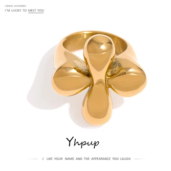 Yhpup Stainless Steel Statement Ring New Design Metalic Texture 18 K Plated Finger Ring Waterproof Jewelry Bagues Pour Femme 1