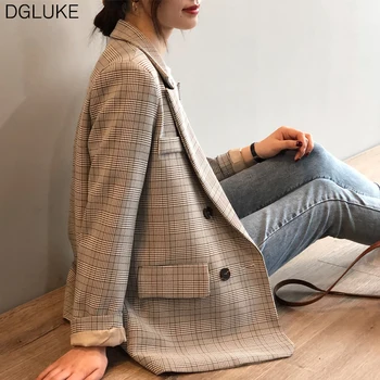 

DGLUKE Autumn Winter Woman Plaid Blazer Jacket Fashion Double Breasted Long Sleeve Blazers Coats Elegant Ladies Office Coat Suit