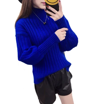 

Lantern Sleeve Yellow Women's Sweater Korean Pullovers Winter Turtleneck Lady's Sweater Knit Female Pullover Blue Loose Jumper