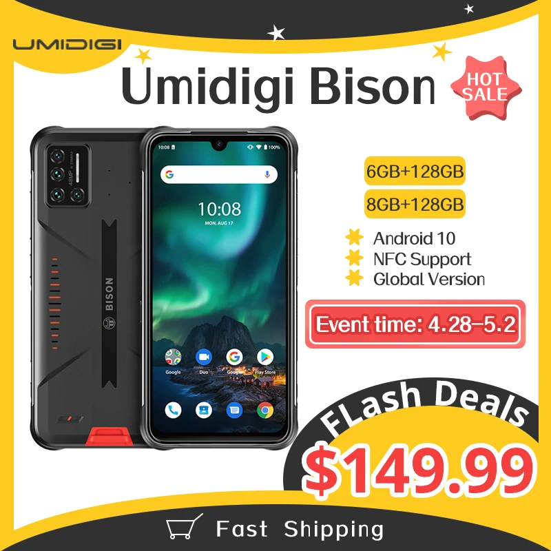 Buen trato UMIDIGI-teléfono inteligente BISON IP68/IP69K, resistente al agua, con Quad cámara de 48MP, pantalla FHD de 6,3 pulgadas, 6/128GB + 8GB, NFC, Android 10 B6qpegzJGpm