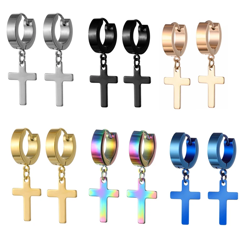 Punk Earrings Men Stainless Steel Dropping Cross Gothic Rock for Women