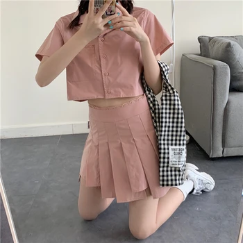 

Japanese Style Tender Sweet Outfit Cute Vintage Polo Short Sleeve Shirt High Waist A-Line Pleated Mini Skirt Sweet Two-Piece Set