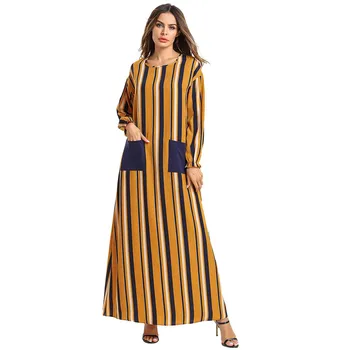 

Maxi Abaya Muslim Dress Women Loose Striped Big Swing Soft Cotton Dresses with Pocket Turkey Middle East Dubai Clothing Outwear