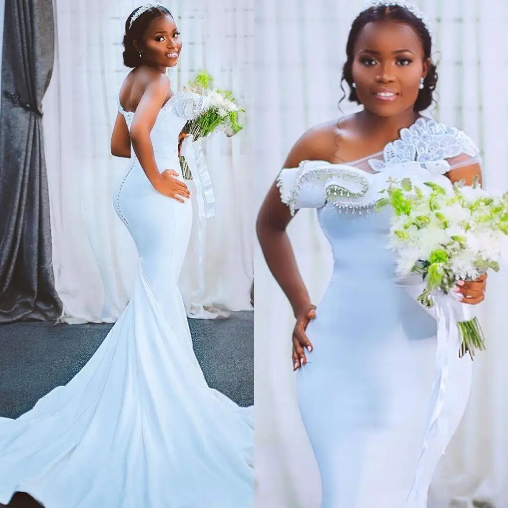 Plus Size Black Girls Sexy One Shoulder Bridal Gowns 2021 White Satin Mermaid Wedding Dresses vestidos de novia | Свадьбы и