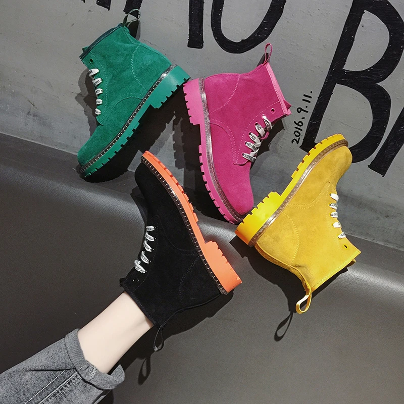 

Martin boots female autumn British style 2019 new leisure concise chunky heels Green Yellow suede Short Women Boots