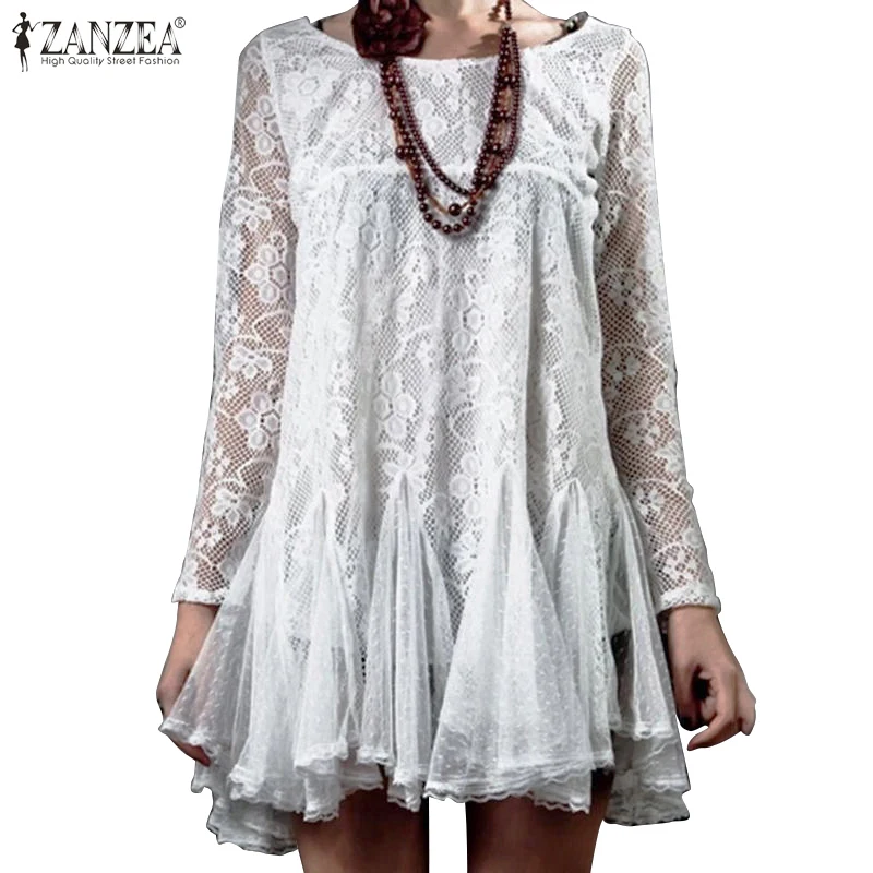  ZANZEA 2020 Women Long Sleeve Lace Crochet Blouse Spring O Neck Hollow Out Tops Black Blusas Ruffle