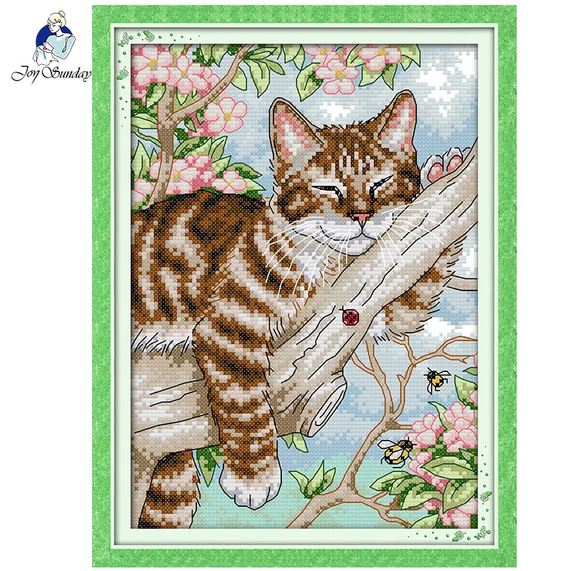 

Joy Sunday Lazy cat on the tree cross stitch printed canvas for Embroidery Kit 14CT fabric counted DIY needlework DMC Home decor