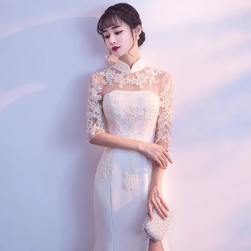 Соблазнительная девушка бокал для шампанского Cheongsam полной длины Для женщин кружевное платье Ципао с цветочным рисунком в китайском стиле свадебное платье Русалка Платье для вечеринки