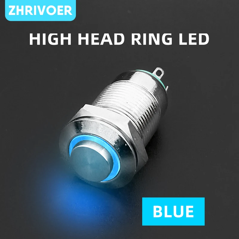 

1pc 12mm Metal Push Button Switch High Head Annular Ring LOGO 3-220V Self Reset Instantaneous motion Waterproof Car Auto Eng