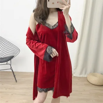 

Sexy Red Women 2PCS Sleep Set Bathrobe Nightwear Lace Velvet Casual Kimono Robe Sleepwear Home Dressing Gown With Belt Homewear