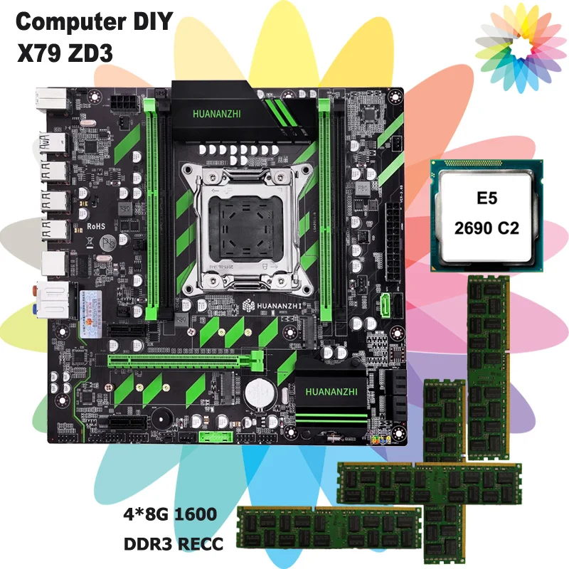 HUANANZHI X79-ZD3 LGA2011 motherboard CPU RAM combo dual M.2 SSD slots NVMe/NGFF CPU Xeon E5 2690 2.9GHz RAM 32G(4*8G) REG ECC