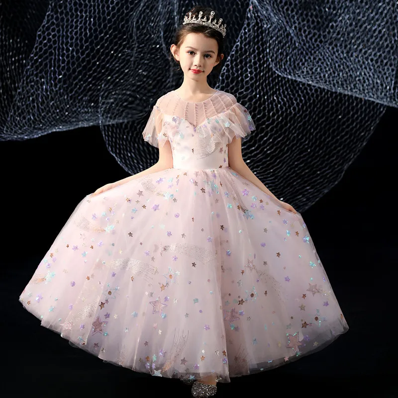 pink long dress Детское элегантное милое розовое Сетчатое платье принцессы для дня рождения, свадьбы, выпускного вечера, детские костюмы для подростков - Цвет: pink long dress