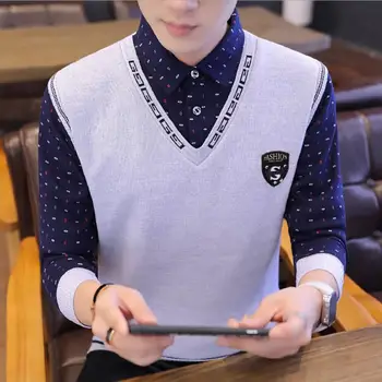 

Fake Two Piece Men's Sweaters Male Knitwear Sweater Warm Patchwork Turn-down Collar Clothing Casual Wool Pullovers Shirt+Sweater