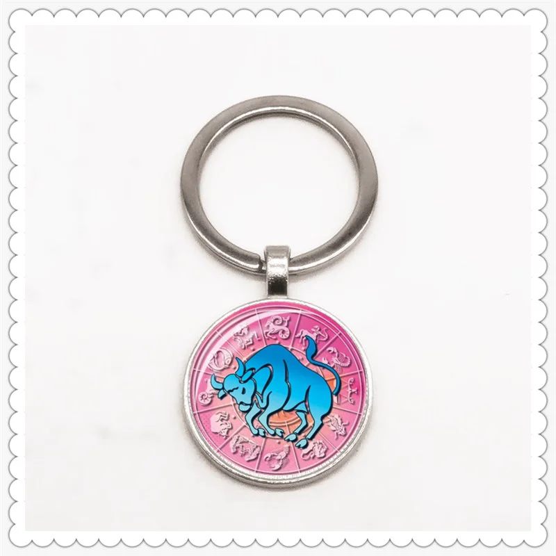 

Twelve constellation series pattern keychain glass convex round pendant classic fashion men and women keychain gift
