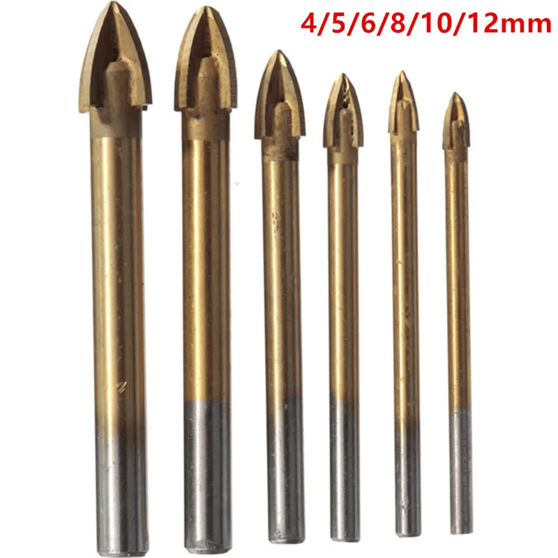 4/5/6/8/10/12mm Titanium Carbide Glass Drill Bit Cross Spear Point Head Drill Bit For Wall Ceramic Tile 5pcs set cross hex tile glass ceramic drill bits cemented carbide set efficient universal drilling tool hole opener for wall