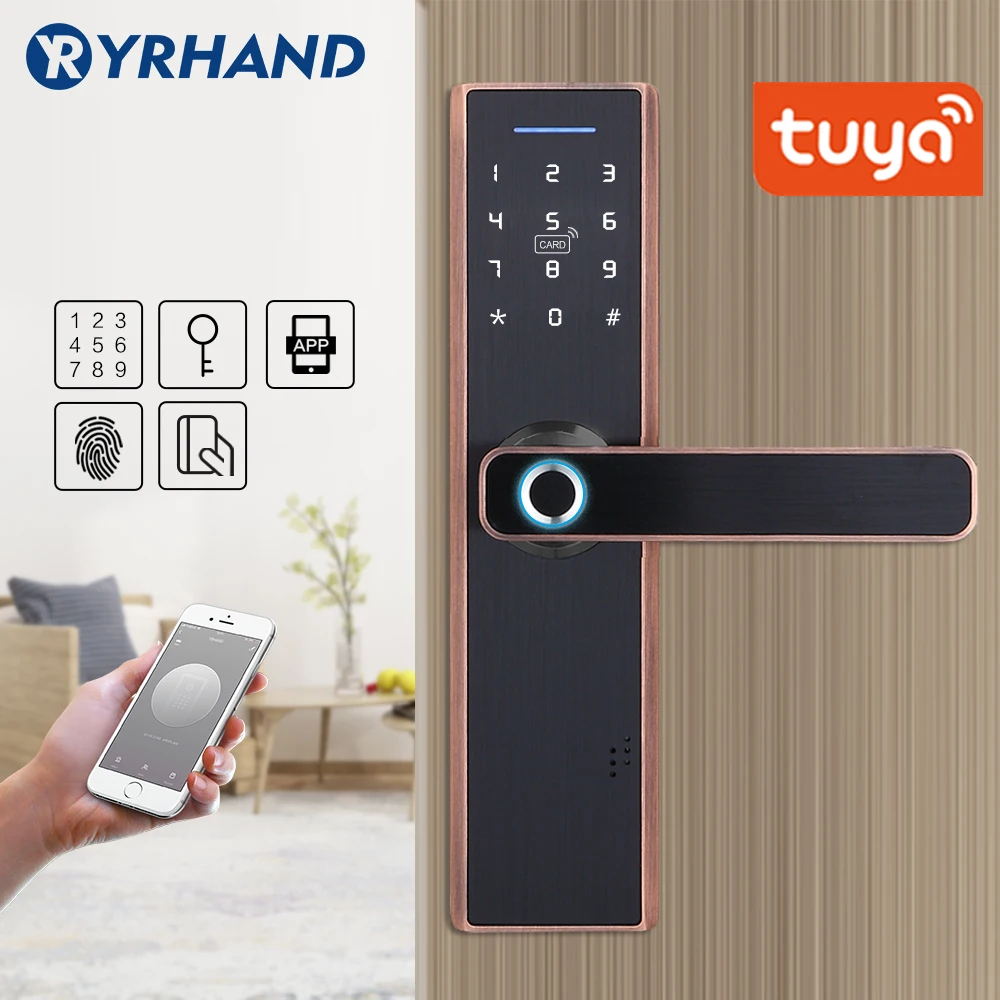 

Tuya Fingerprint Lock Smart Card Digital Code Electronic Door Lock Home Security Mortise Lock Wire Drawing Panel In Gold color