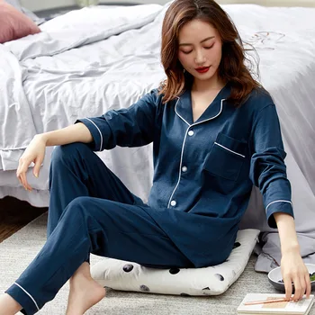 

Winter 100% Cotton Pajamas Women Dormir Lounge Sleepwear for Ladies Blue Pijama Mujer Bedroom Home Clothes Pure Cotton Pyjama PJ