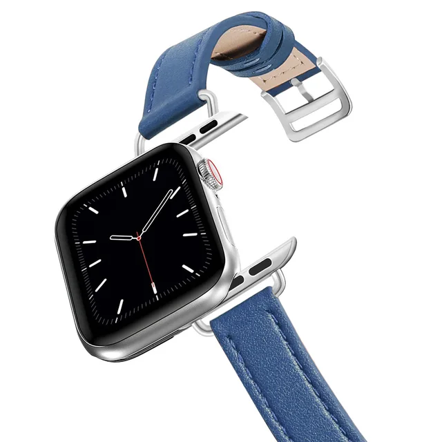 Business Real Leather Loop Bracelet Belt Band for Apple Watch SE 7654 42MM 38MM 44MM 40MM Strap on Smart iWatch 3 Watchband 45mm 7 Slim blue