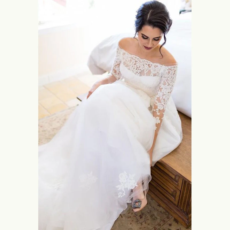 

New Arrival Graceful A Line White Lace Bridal Wedding Gowns Off Shoulder Sleeves Bateau Neck Appliqued Wedding Dresses for Bride